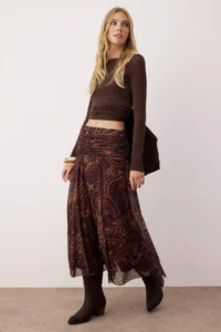 TRENDYOLMİLLA Multicolored Maxi Ruffle/Drape Detailed Boho/Boho Chic Printed Tulle Flexible Knitting Skirt - Image 2