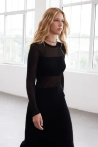 TRENDYOLMİLLA Black Mercerized Look Midi Transparent Look Knit Dress - Image 2