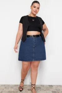 Trendyol Curve Mavi High Waist 100% Non-Stretch Cotton A Shape denim Skirt - Image 3