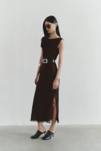 TRENDYOLMİLLA Brown Lace bodycon Low-cut back Flexible Knitting Dress - Image 2