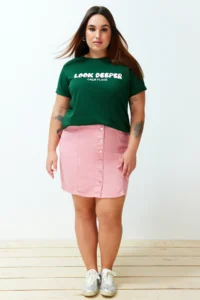 Trendyol Curve dark Green Slogan Printed relaxed 100% Cotton Knitting Plus Size T-Shirt - Image 3
