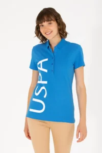 US Polo Assn. Women Saks Blue Polo Shirt Collar T-Shirt - Image 4