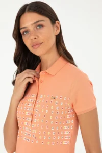 US Polo Assn. Women Salmon Polo Shirt Collar T-Shirt - Image 2