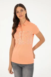 US Polo Assn. Women Salmon Polo Shirt Collar T-Shirt - Image 3