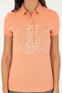 US Polo Assn. Women Salmon Polo Shirt Collar T-Shirt - Image 6