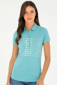 US Polo Assn. Women Mint Polo Shirt Collar T-Shirt - Image 3
