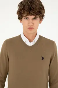 US Polo Assn. Men slim Fit V-neck Khaki Basic Sweater - Image 2