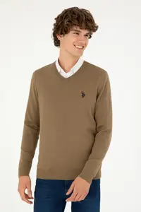US Polo Assn. Men slim Fit V-neck Khaki Basic Sweater - Image 3