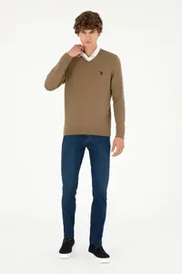 US Polo Assn. Men slim Fit V-neck Khaki Basic Sweater - Image 4