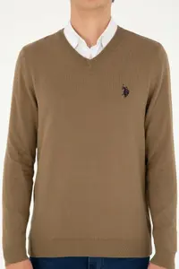 US Polo Assn. Men slim Fit V-neck Khaki Basic Sweater - Image 6