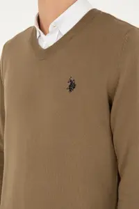 US Polo Assn. Men slim Fit V-neck Khaki Basic Sweater - Image 7