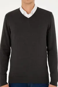 US Polo Assn. Men slim Fit V-neck Anthracite Melanj Basic Sweater - Image 6