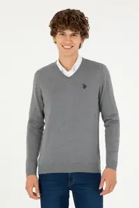 US Polo Assn. Men slim Fit V-neck Gray Melanj Basic Sweater
