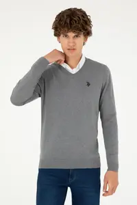 US Polo Assn. Men slim Fit V-neck Gray Melanj Basic Sweater - Image 3