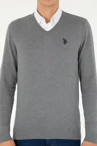 US Polo Assn. Men slim Fit V-neck Gray Melanj Basic Sweater - Image 6