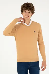 US Polo Assn. Men slim Fit V-neck Camel Melanj Basic Sweater - Image 3