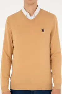 US Polo Assn. Men slim Fit V-neck Camel Melanj Basic Sweater - Image 6