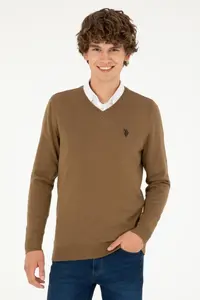 US Polo Assn. Men slim Fit V-neck Khaki Melanj Basic Sweater