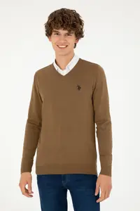 US Polo Assn. Men slim Fit V-neck Khaki Melanj Basic Sweater - Image 3