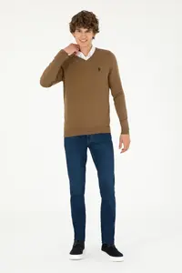 US Polo Assn. Men slim Fit V-neck Khaki Melanj Basic Sweater - Image 4