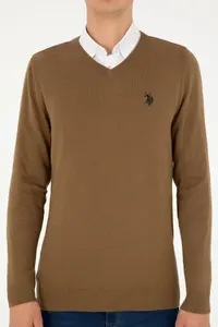 US Polo Assn. Men slim Fit V-neck Khaki Melanj Basic Sweater - Image 6