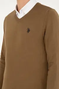 US Polo Assn. Men slim Fit V-neck Khaki Melanj Basic Sweater - Image 7