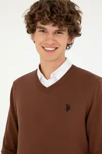 US Polo Assn. Men slim Fit V-neck Brown Basic Sweater - Image 2