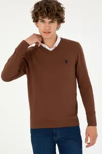 US Polo Assn. Men slim Fit V-neck Brown Basic Sweater - Image 3