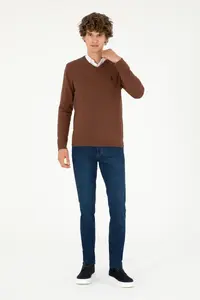 US Polo Assn. Men slim Fit V-neck Brown Basic Sweater - Image 4