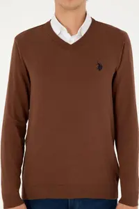 US Polo Assn. Men slim Fit V-neck Brown Basic Sweater - Image 6