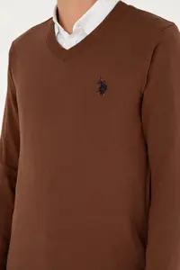 US Polo Assn. Men slim Fit V-neck Brown Basic Sweater - Image 7