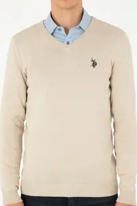 US Polo Assn. Men slim Fit V-neck Stone Melanj Basic Sweater - Image 6