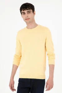Pierre Cardin Light Yellow slim Fit Crew Neck Basic Knitwear Sweater