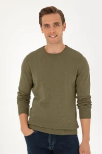 Pierre Cardin Dark Khaki slim Fit Crew Neck Basic Knitwear Sweater