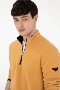 US Polo Assn. Men Half Zippered Camel Basic Fleece Sweatshirt - Image 2