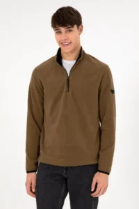 US Polo Assn. Men Half Zippered Khaki Basic Fleece Sweatshirt - Image 5