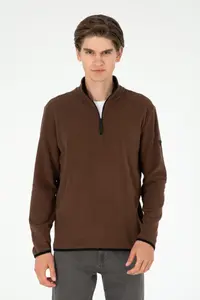 US Polo Assn. Men Half Zippered Brown Basic Fleece Sweatshirt
