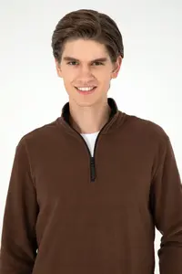 US Polo Assn. Men Half Zippered Brown Basic Fleece Sweatshirt - Image 2