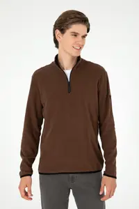 US Polo Assn. Men Half Zippered Brown Basic Fleece Sweatshirt - Image 3