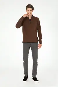 US Polo Assn. Men Half Zippered Brown Basic Fleece Sweatshirt - Image 4