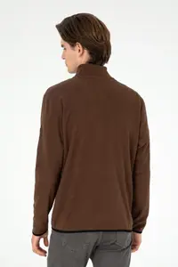 US Polo Assn. Men Half Zippered Brown Basic Fleece Sweatshirt - Image 5