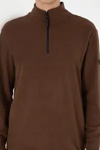 US Polo Assn. Men Half Zippered Brown Basic Fleece Sweatshirt - Image 6