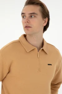 US Polo Assn. Men comfort Fit Half Zippered Camel Basic Sweatshirt - Image 2