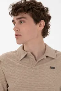US Polo Assn. Men Regular Fit Polo Shirt Collar Beige T-Shirt - Image 2