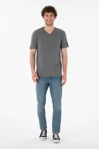US Polo Assn. Men Regular Fit  V-neck Gray Basic T-Shirt - Image 5