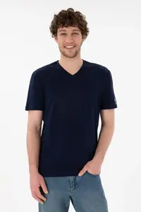 US Polo Assn. Men Regular Fit  V-neck Navy Blue Basic T-Shirt