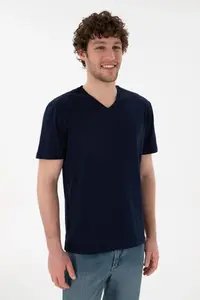 US Polo Assn. Men Regular Fit  V-neck Navy Blue Basic T-Shirt - Image 4