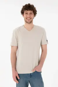 US Polo Assn. Men Regular Fit  V-neck Stone Basic T-Shirt