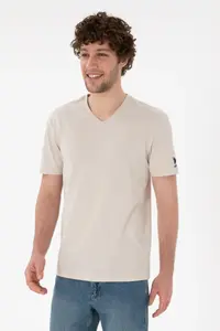 US Polo Assn. Men Regular Fit  V-neck Stone Basic T-Shirt - Image 2
