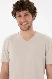 US Polo Assn. Men Regular Fit  V-neck Stone Basic T-Shirt - Image 3